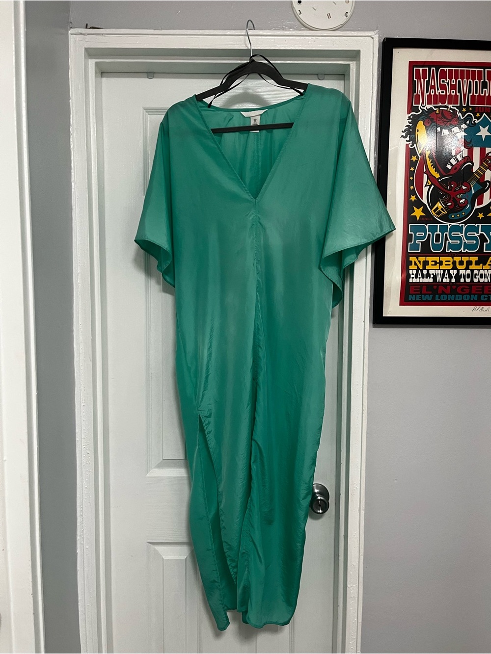 NWOT H&M Teal V-Neck Flowing Satin lad Midi Dress/Beach Cover-Up - Picture 1 of 5